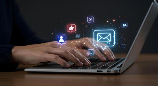 Notebook exibindo uma caixa de entrada com diferentes mensagens de marketing e comunicação com clientes.1.jpg