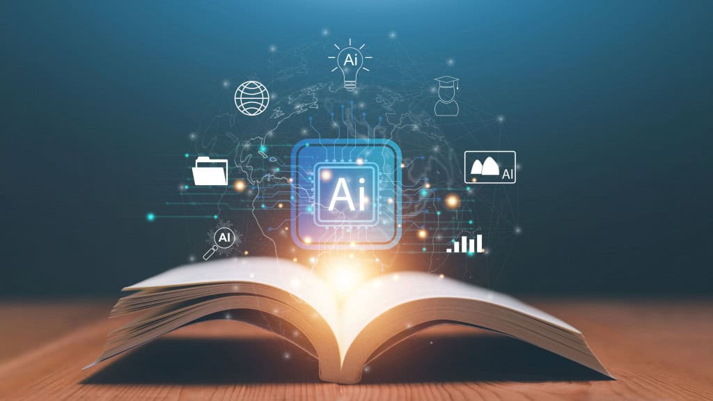 Livros dispostos ao lado de uma tela de computador com elementos digitais associados à produção automatizada de textos2.jpg